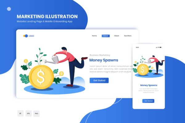 金融投资概念网站着陆页&App插画素材 Money Spawns Flat Landing & Onboarding App
