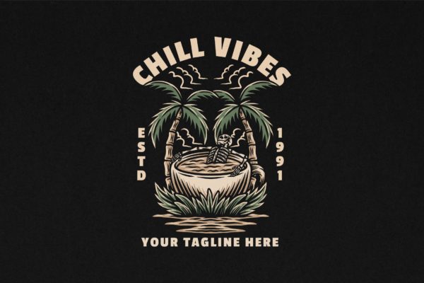 寒冷主题复古骷髅插画 Chill Vibes Vintage Surf Illustration