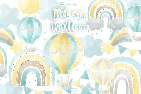 彩虹热气球剪贴画素材 Hot Air Balloon Rainbow