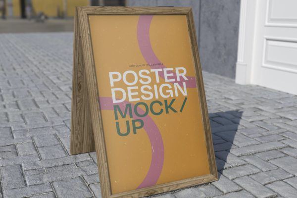 A字形木框架海报展示样机 Stand Poster Mockup