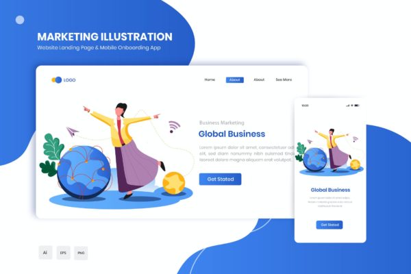 全球业务主题网站着陆页&APP启动页插画 Global Business Flat Landing & Onboarding App