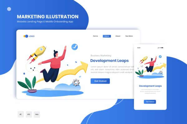 业务增长主题网站着陆页&APP启动页插画 Development Leaps Flat Landing & Onboarding App