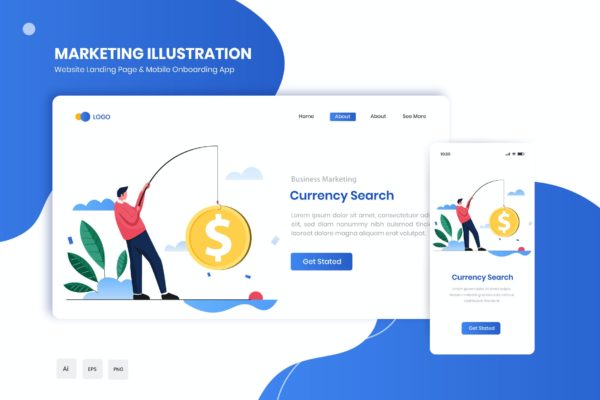 货币搜索主题网站着陆页&APP启动页插画 Currency Search Flat Landing & Onboarding App