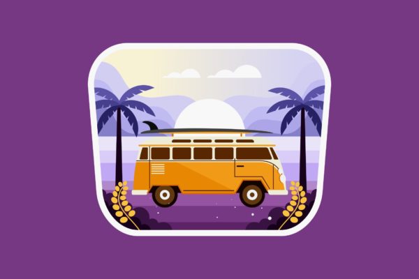 沙滩自驾旅行矢量插画 Traveling on beach with car