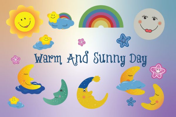 手绘儿童绘画风格太阳&月亮插画 Warm & Sunny Day Hand Drawn