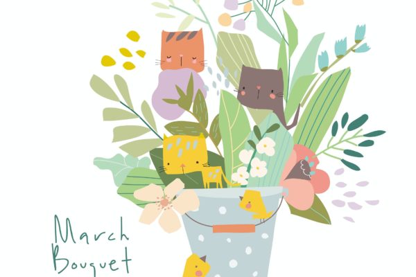 美丽的春天花束&猫卡通插画 Cartoon beautiful spring bouquet with funny cats.
