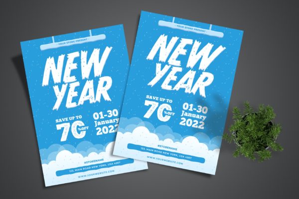 蓝色雪花新年促销海报设计模板 New Year Sale Flyer