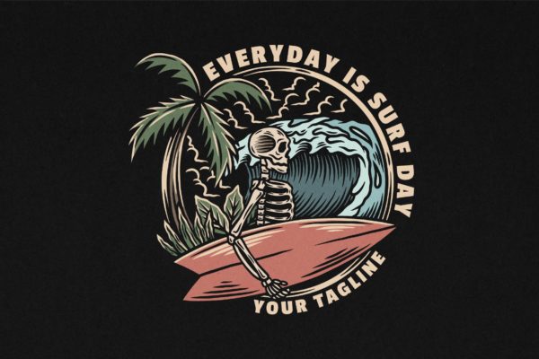 骷髅冲浪复古标志插画 Everyday Is Surf Day Vintage Logo Illustration