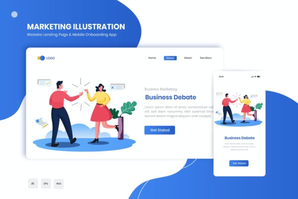 商业辩论主题网站着陆页&APP启动页插画 Business Debate Flat Landing & Onboarding App
