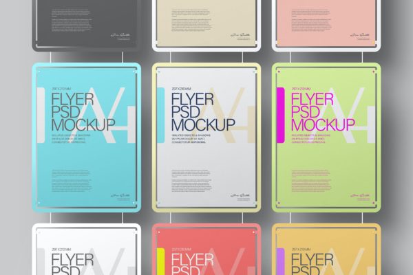 吊挂单色框架A4尺寸传单海报样机 Hanging Mockup A4 Flyer Poster Minimal Color Frame