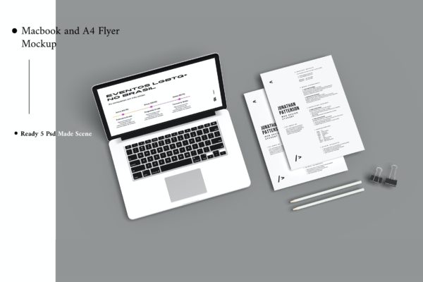 Macbook电脑和A4纸张传单品牌VI设计样机 Macbook and A4 Flyer Mockup
