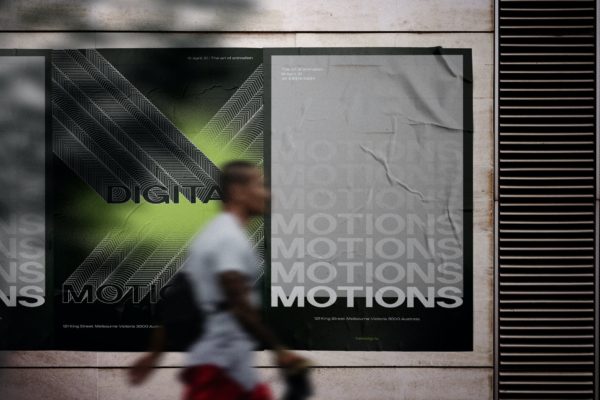 城市墙体皱巴巴的海报样机 Urban crumpled poster mockup on the wall