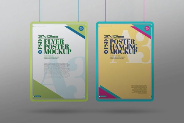 吊挂极简单色框架A3尺寸海报样机套装 Hanging Mockup A3 Poster Minimal Color Frame Set