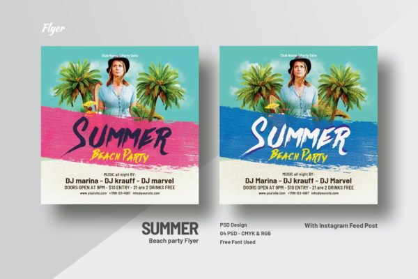 方形尺寸夏季海滩派对海报&Instagram素材 Summer Beach Party Square Flyer & Instagram Feeds