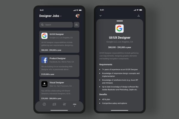 招聘App应用iOS UI页面设计模板 Job offers app – Dark Mode (iOS)