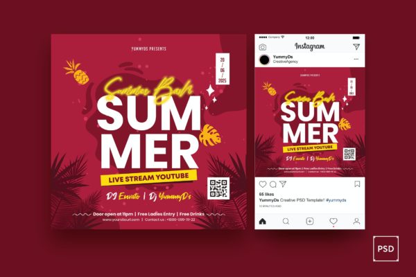 夏季狂欢节海报传单&Instagram素材 Summer Bash Square Flyer & Instagram Post