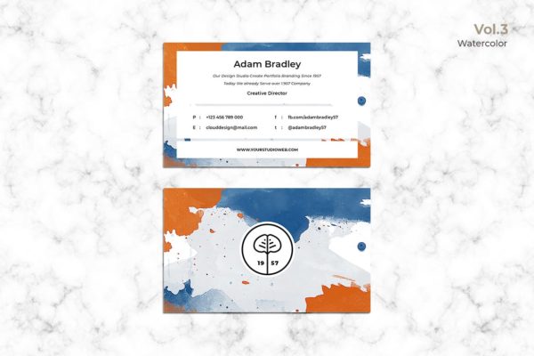 水彩设计风格企业名片设计模板v3 Business Card Watercolor Vol. 3