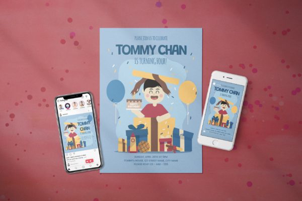 生日派对请柬海报宣传单&社交套件 Birthday Boy Invitation – Flyer Media Kit