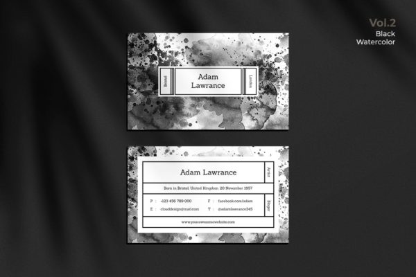 水彩设计风格企业名片设计模板v2 Business Card Watercolor Black Vol. 2