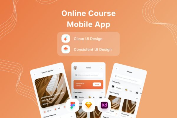 在线课程App界面设计模板 Online Course Mobile App