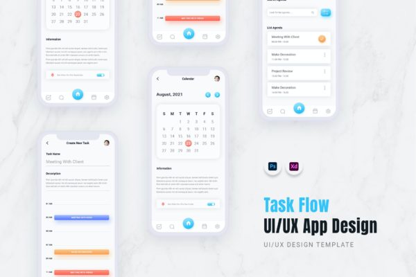 手机日历/记事本APP界面设计UI模板 Task Flow App Mobile