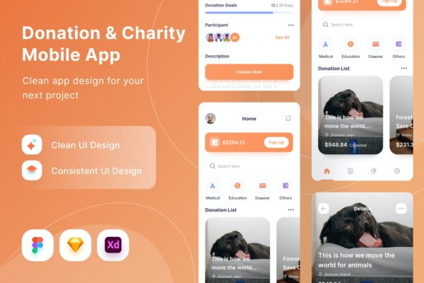 捐赠&慈善App界面设计模板 Donation & Charity Mobile App