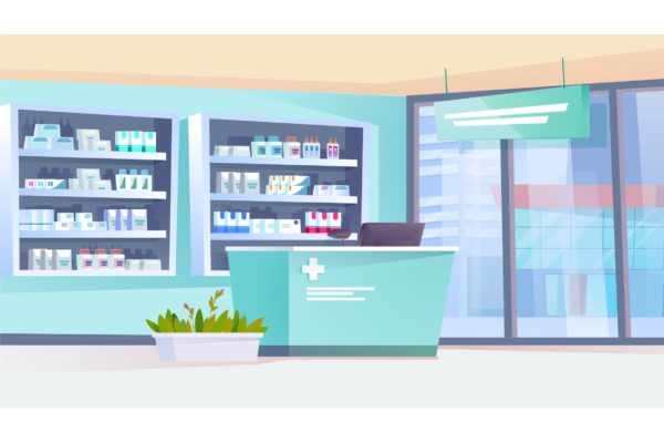 药房药店矢量插画背景 Pharmacy Interior – Illustration Background