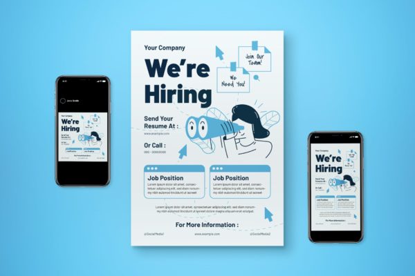 员工招聘海报传单设计模板合集 We’re Hiring Flyer Set