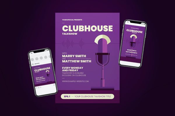 俱乐部脱口秀海报设计&Instagram模板合集 Clubhouse Talkshow Flyer Set