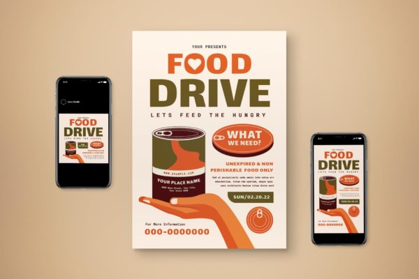 食品罐头海报传单设计模板合集 Food Drive Flyer Set