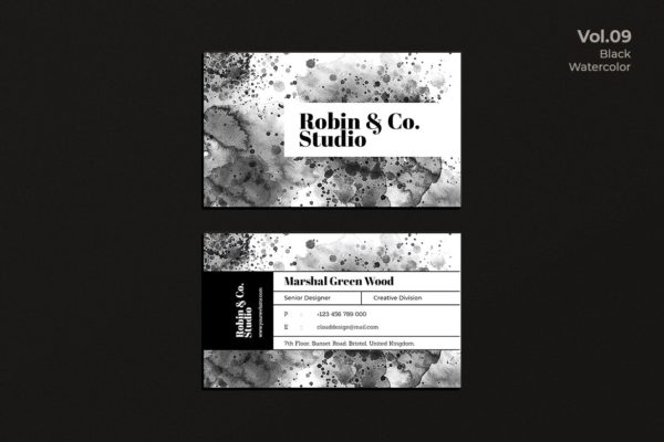 水彩设计风格企业名片设计模板v9 Business Card Watercolor Black Vol. 9