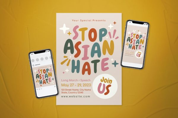 停止亚洲仇恨海报设计&Instagram模板合集 Stop Asian Hate Flyer Set