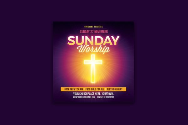 星期日十字架教堂传单模板 Sunday Worship Church Flyer