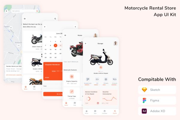 摩托车出租店App UI界面设计套件 Motorcycle Rental Store App UI Kit