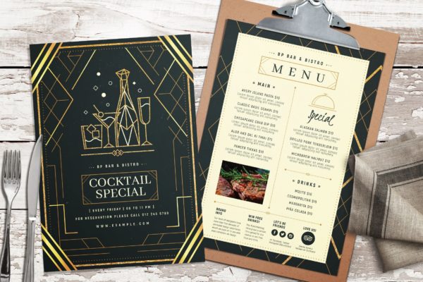 金色装饰艺术菜单/传单设计模板  Art Deco Menu / Flyer Templates