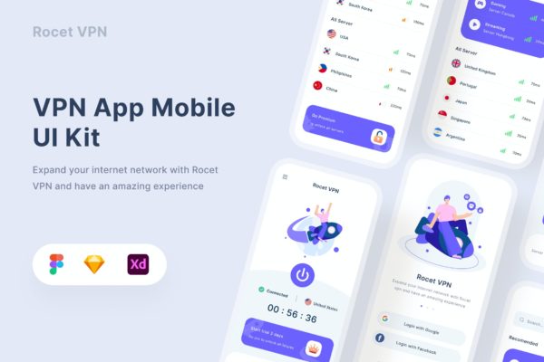 Vpn App应用界面UI设计套件 Vpn Mobile App – Uixasset