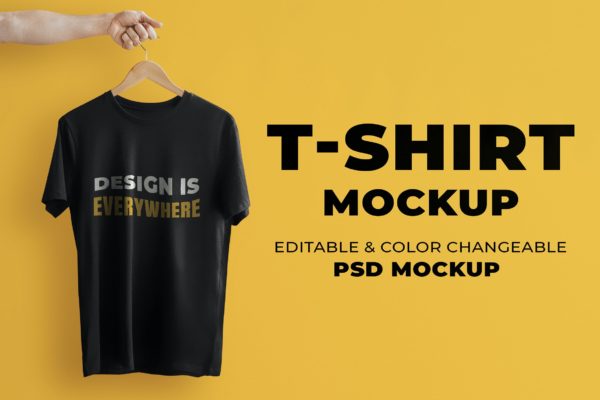 简单的衣架T恤设计展示psd样机 Simple t-shirt mockup psd in black