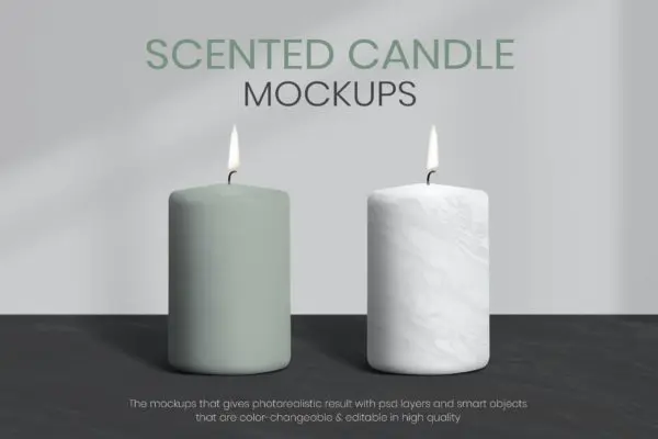 绿色和白色大理石香味蜡烛设计样机 Scented candle mockup in green and white marble