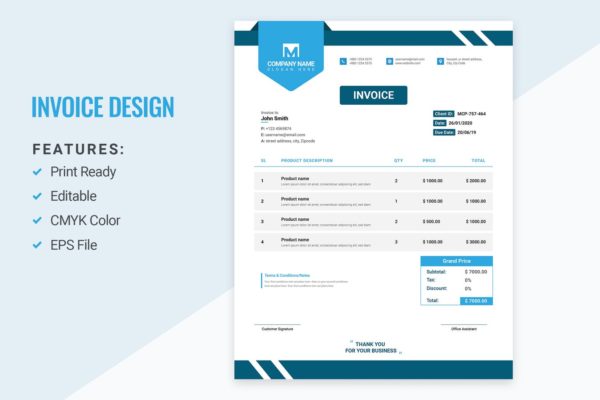 蓝色简约单据发票设计模板 Invoice Design