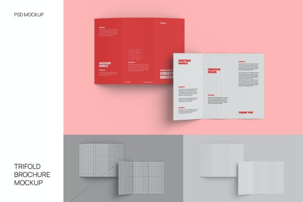 三折页小册子封面&内页设计样机 Trifold Brochure Mockup Flat Lay Outside Inside