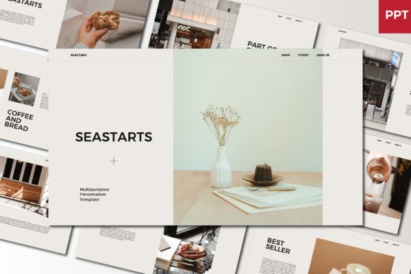 咖啡店推广幻灯片演示PPT模板 Seastars Powerpoint Template