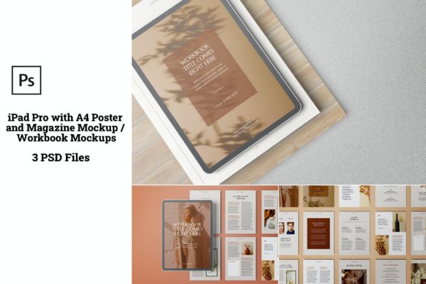 iPad Pro/A4尺寸海报/杂志样机 iPad Pro with A4 Poster and Magazine Mockups