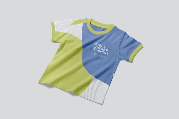 女款短袖T恤服装效果图样机 Girls Ringer Tee Shirt Mockups