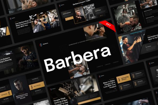 美发沙龙理发店PPT幻灯片模板 Barbera – Barbershop & Shaving PowerPoint Template