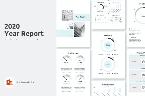 年度报告数据统计Powerpoint模板 2020 Year Report Vertical PowerPoint