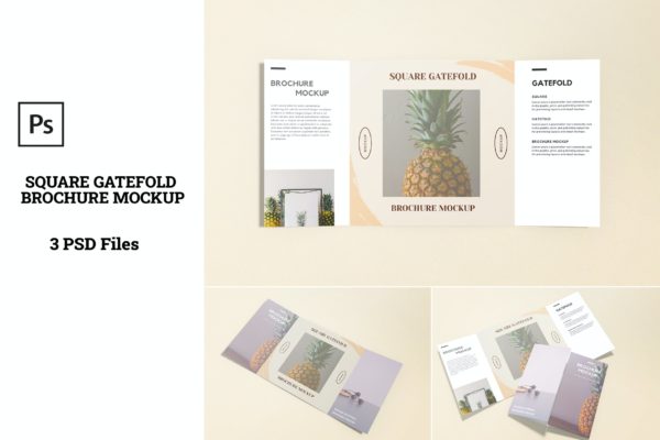 方形对折页小册子设计样机 Square Gatefold brochure mockup