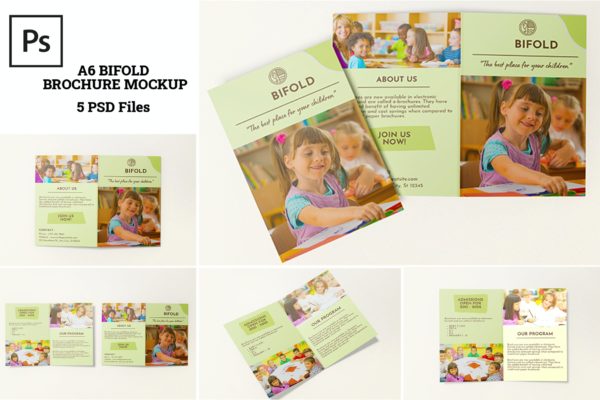 A6尺寸双折页小册子设计样机 A6 Bifold Brochure Mockups