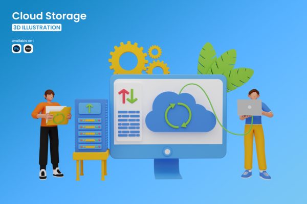 云存储主题3D插画PSD素材 Cloud Storage 3D Illustration