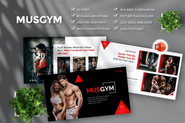 运动健身房推广Powerpoint模板 Musgym – Creative & Business PowerPoint Template