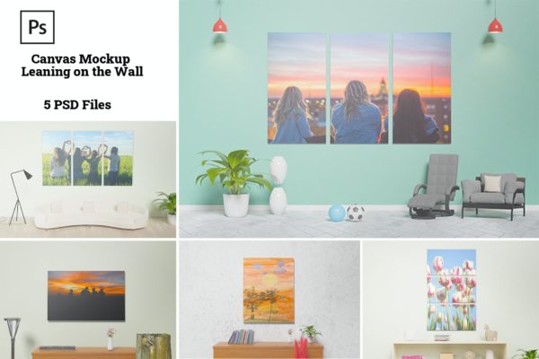 室内挂墙帆布作品展示样机 Canvas Mockup Leaning On The Wall